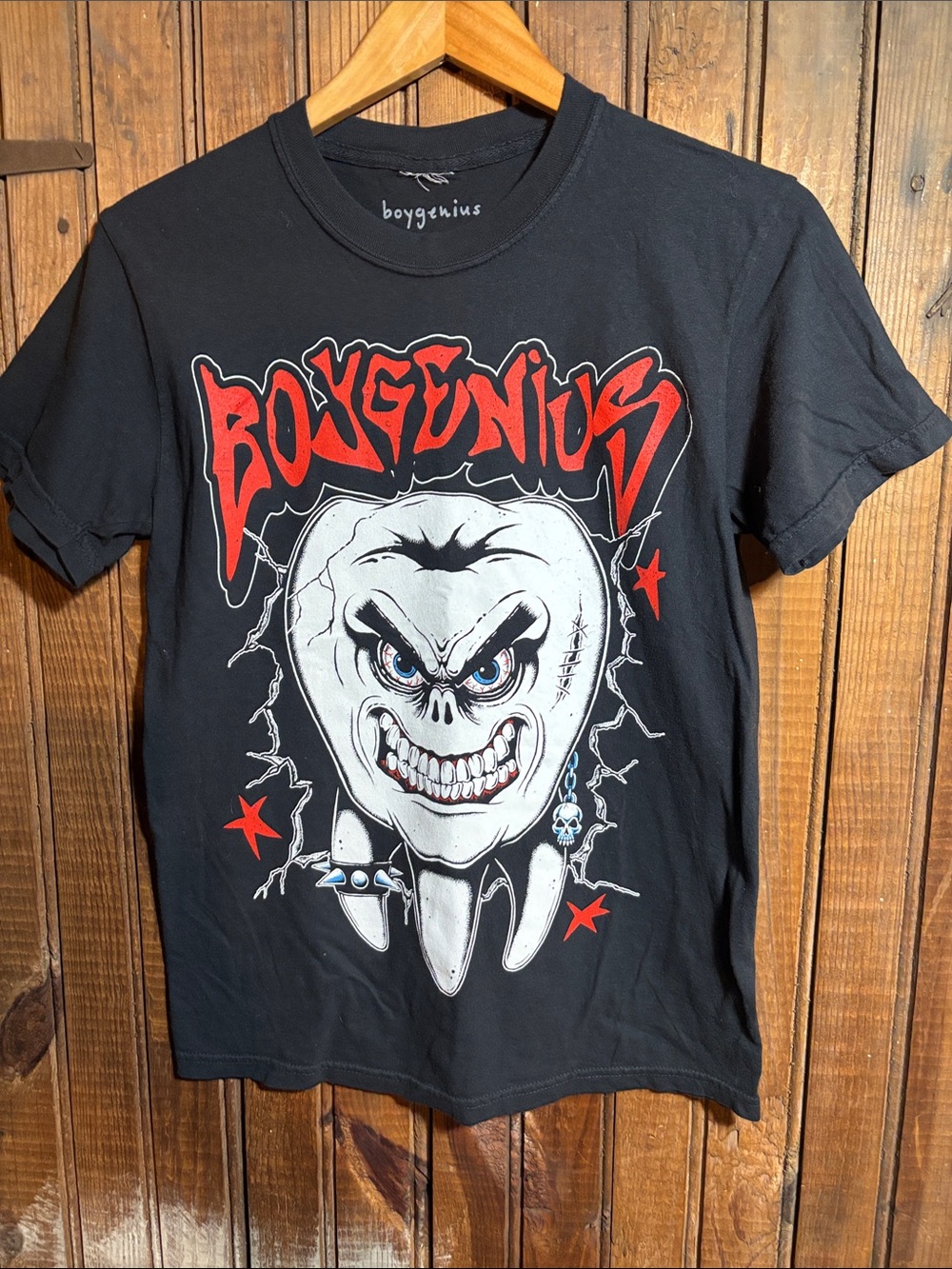 Boygenius Black Graphic Tee with Red & White Tooth Design